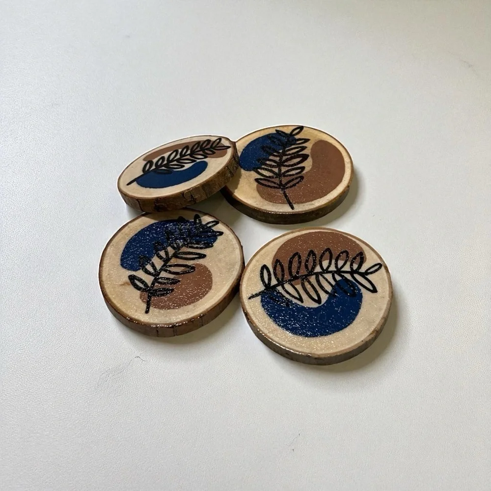 4 Handmade Coasters Brown and Blue with Flowers